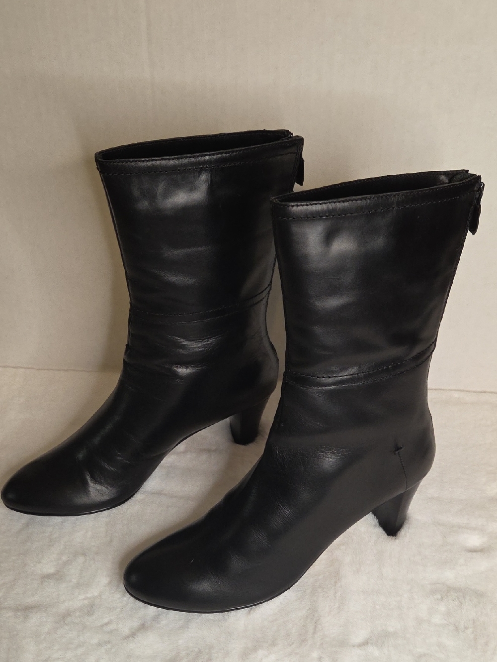 Van Eli Black Mid-Calf Leather Heel Boots